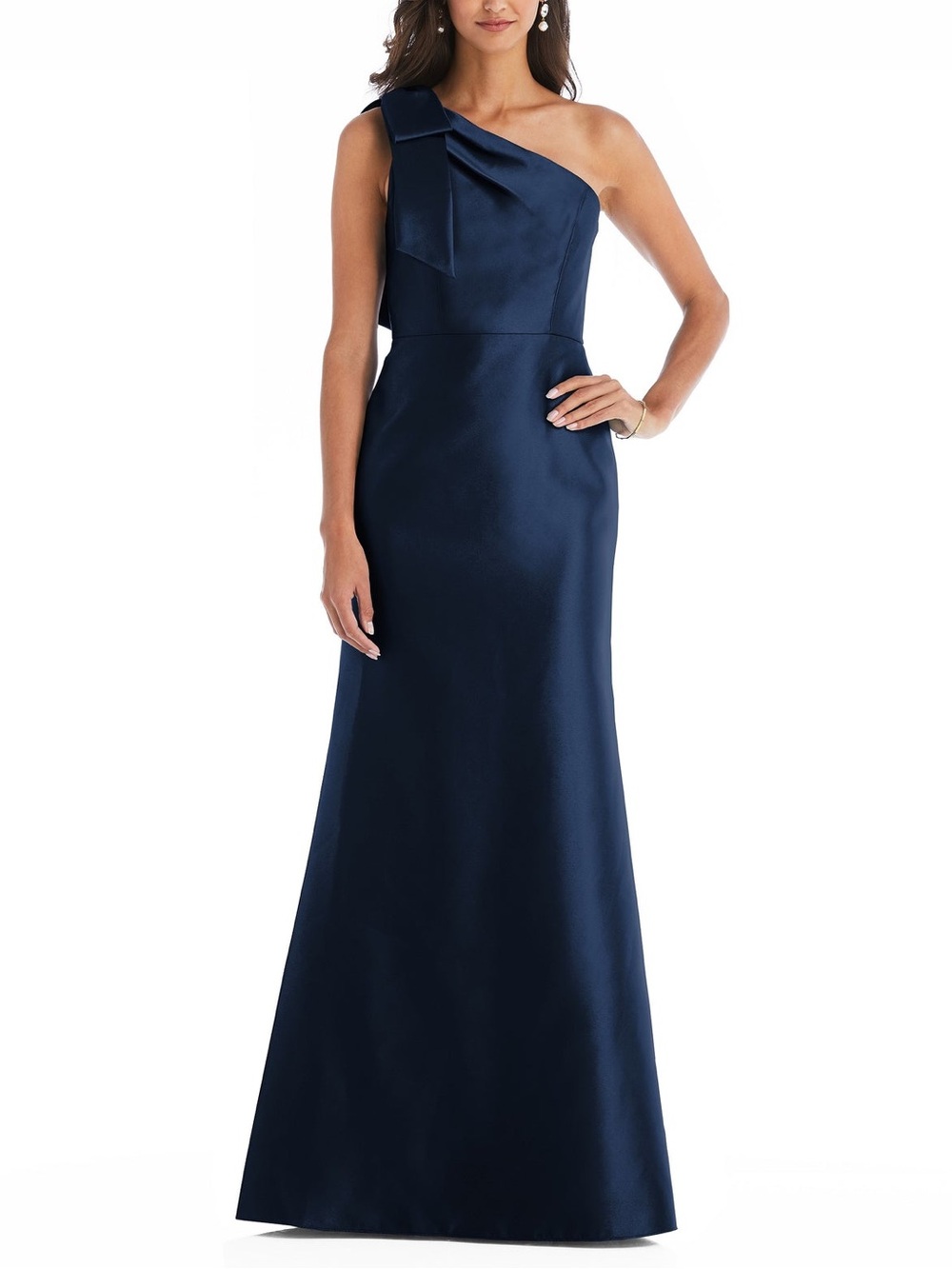 Alfred Sung Midnight Navy Bow One Shoulder Satin Trumpet Gown 16 NWT